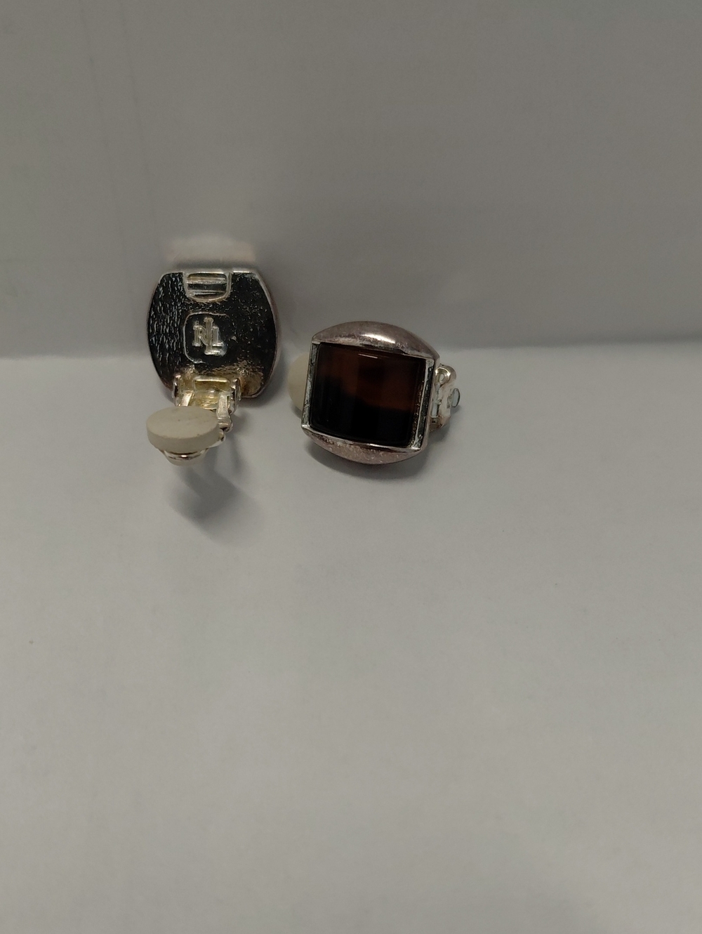 Ralph Lauren Silver-Tone Clip Earrings with Brown Rectangular Stone